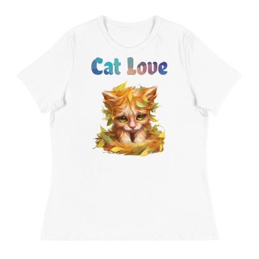 Women's White T-Shirt with Cat With Autumn Leaves with a text "Cat Love" at $25.97 found at Personalizedpetlovergifts