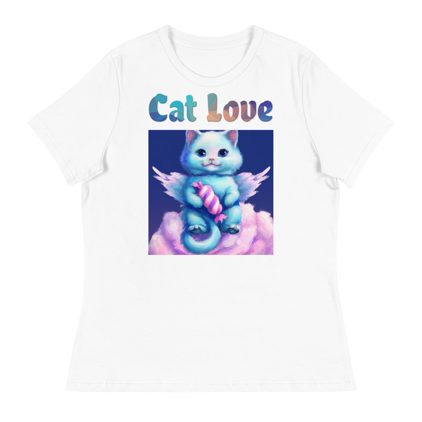 Women's White T-Shirt with Cat With Angel Wings In The Clouds with a text "Cat Love" at $25.97 found at Personalizedpetlovergifts