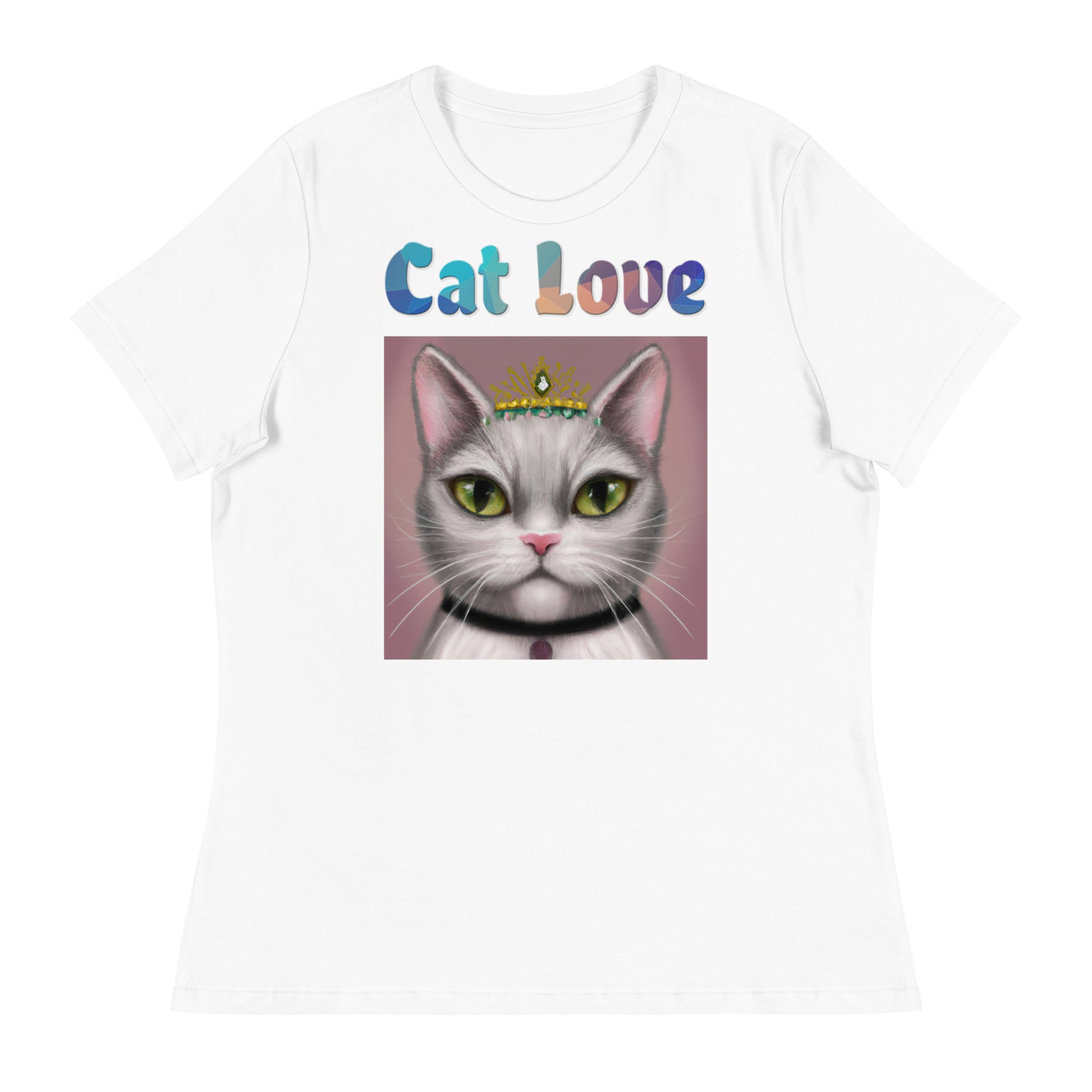 Women's White T-Shirt with Cat With a Tiara with a text "Cat Love" at $25.97 found at Personalizedpetlovergifts