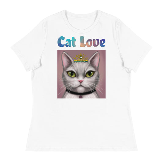 Women's White T-Shirt with Cat With a Tiara with a text "Cat Love" at $25.97 found at Personalizedpetlovergifts