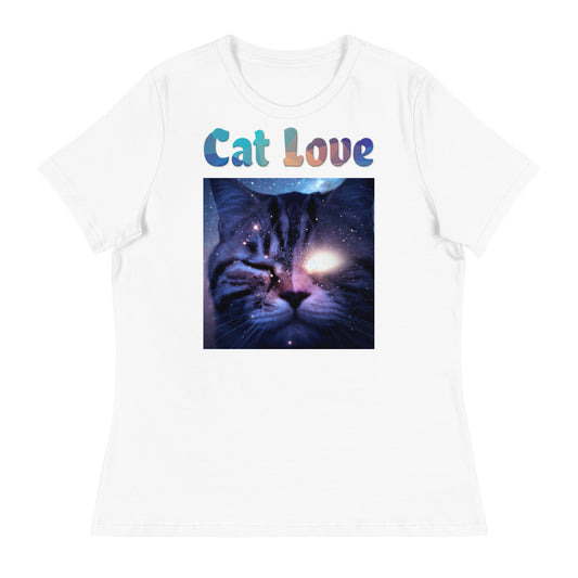 Women's White T-Shirt with Cat With a Shiny Eye with a text "Cat Love" at $25.97 found at Personalizedpetlovergifts