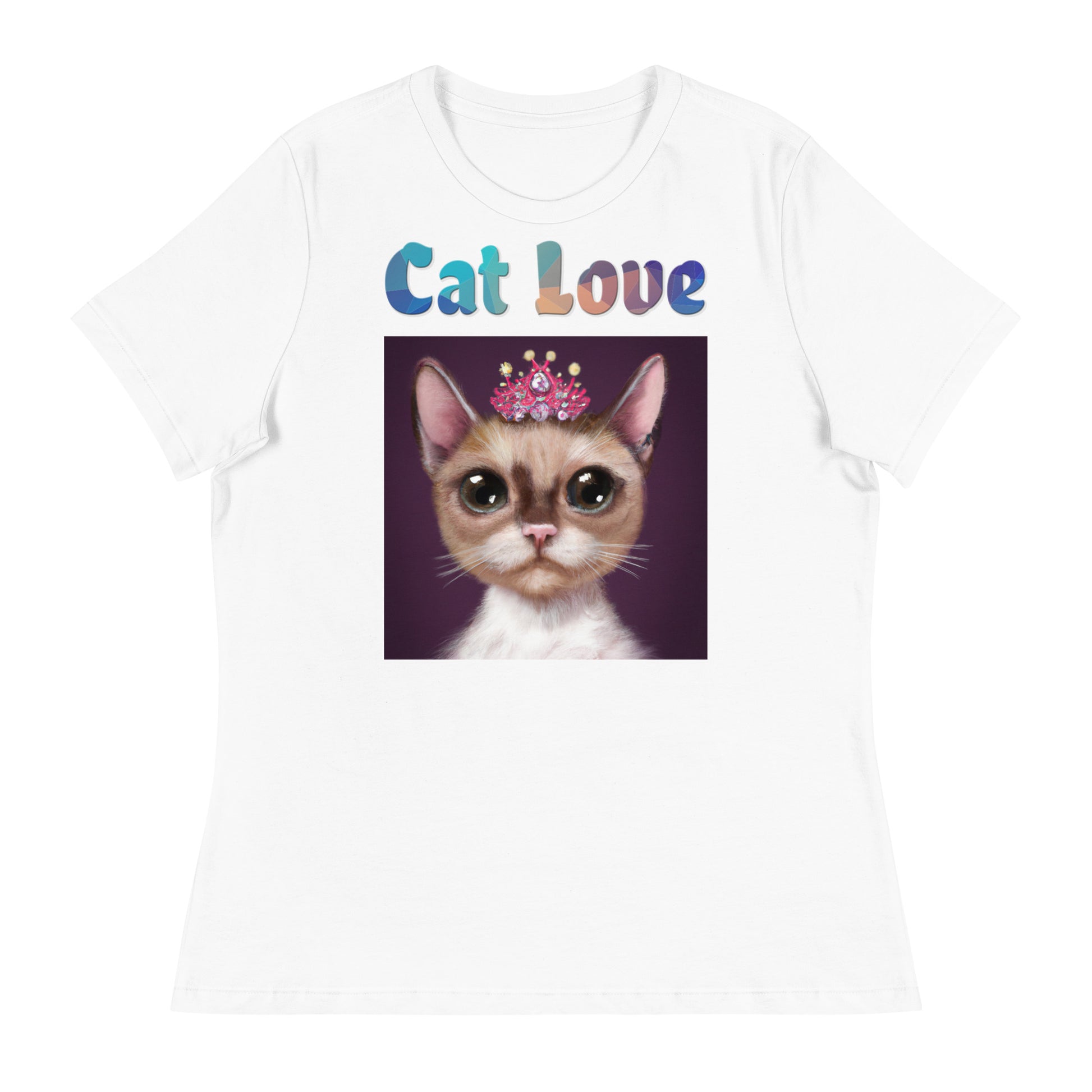 Women's White T-Shirt with Cat With a Pink Tiara with a text "Cat Love" at $25.97 found at Personalizedpetlovergifts