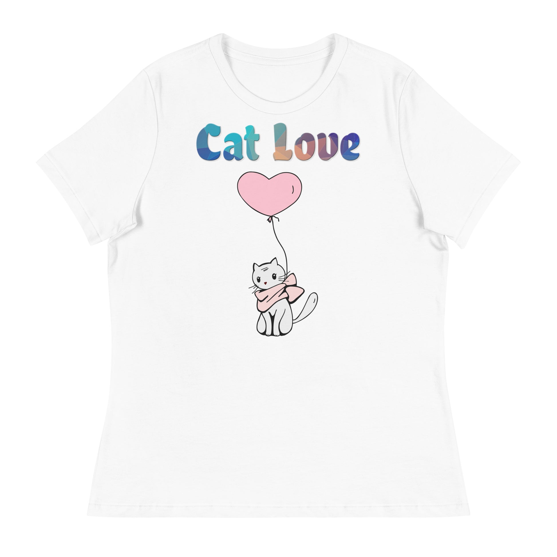 Women's White T-Shirt with Cat With a Pink Heart Balloon with a text "Cat Love" at $25.97 found at Personalizedpetlovergifts