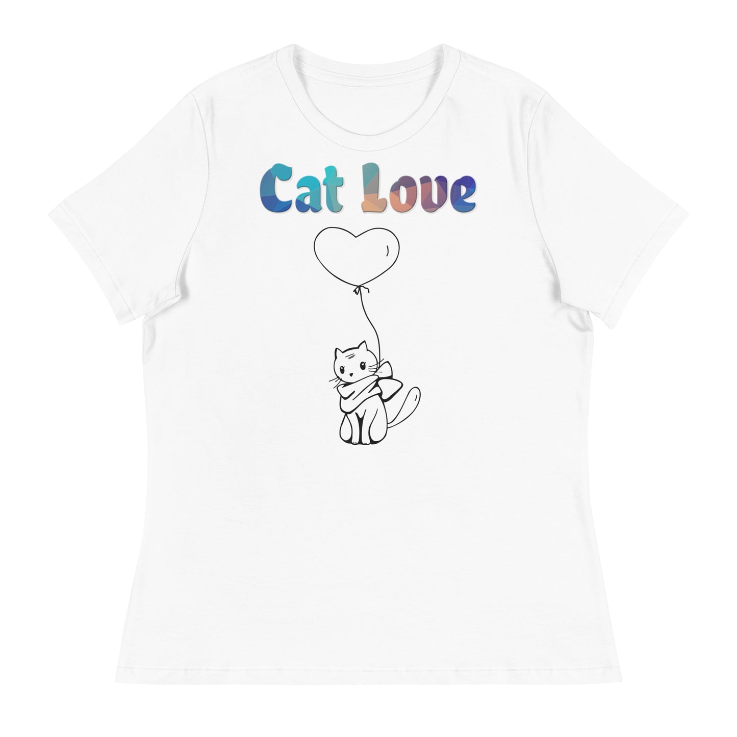 Women's White T-Shirt with Cat With a Heart Balloon with a text "Cat Love" at $25.97 found at Personalizedpetlovergifts