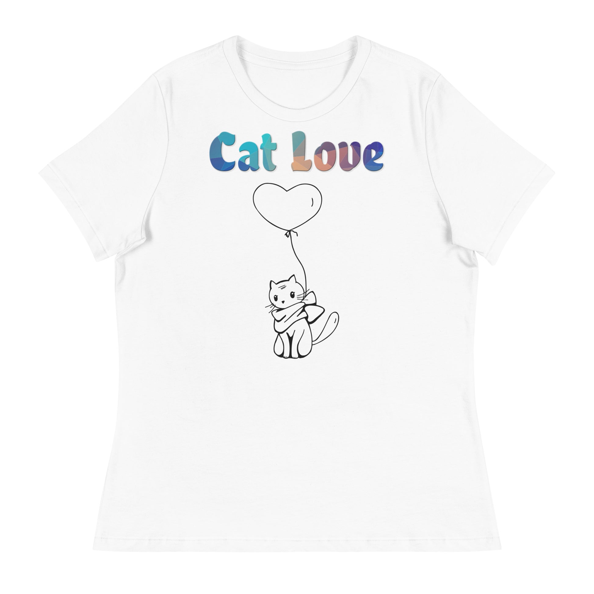 Women's White T-Shirt with Cat With a Heart Balloon with a text "Cat Love" at $25.97 found at Personalizedpetlovergifts