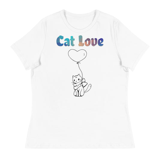 Women's White T-Shirt with Cat With a Heart Balloon with a text "Cat Love" at $25.97 found at Personalizedpetlovergifts