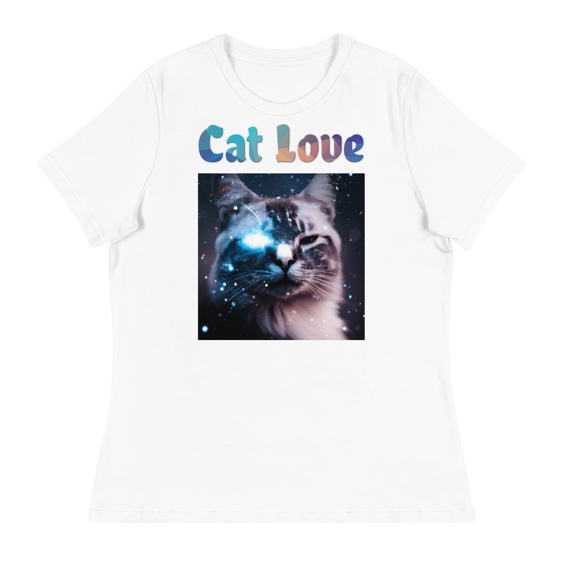 Women's White T-Shirt with Cat With A Galaxy Eye with a text "Cat Love" at $25.97 found at Personalizedpetlovergifts