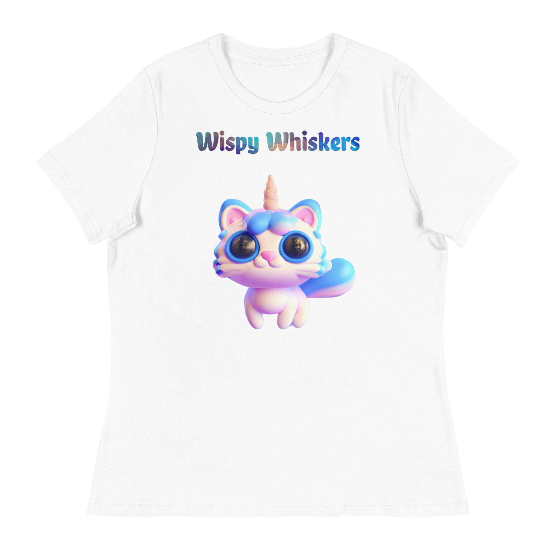 Women's White T-Shirt with Cute 3D Unicorn Cat with a text "Wispy Whiskers" at $25.97 found at Personalizedpetlovergifts