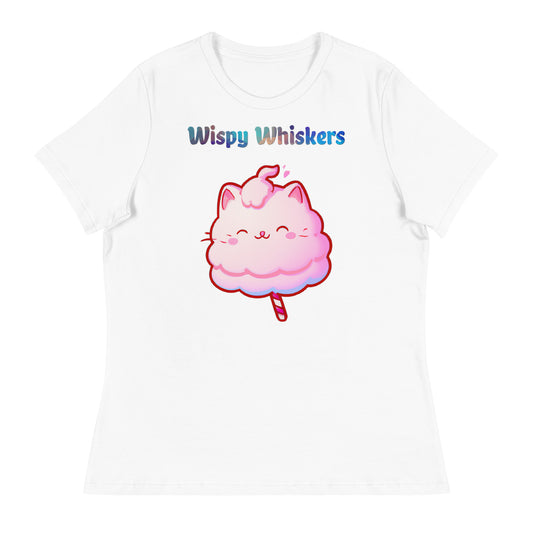 Women's White T-Shirt with Cotton Candy Cat with a text "Wispy Whiskers" at $25.97 found at Personalizedpetlovergifts