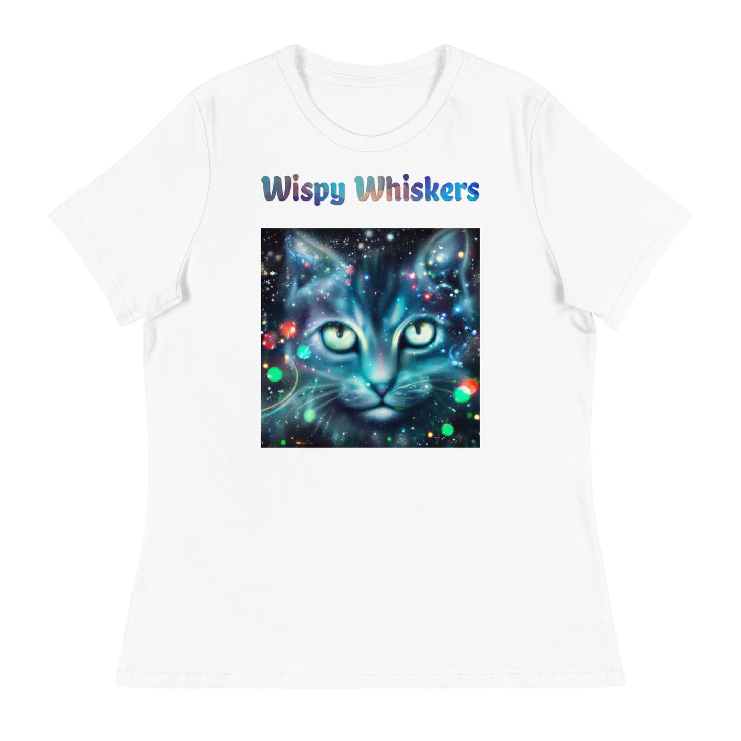 Women's White T-Shirt with Cosmic Cat with a text "Wispy Whiskers" at $25.97 found at Personalizedpetlovergifts