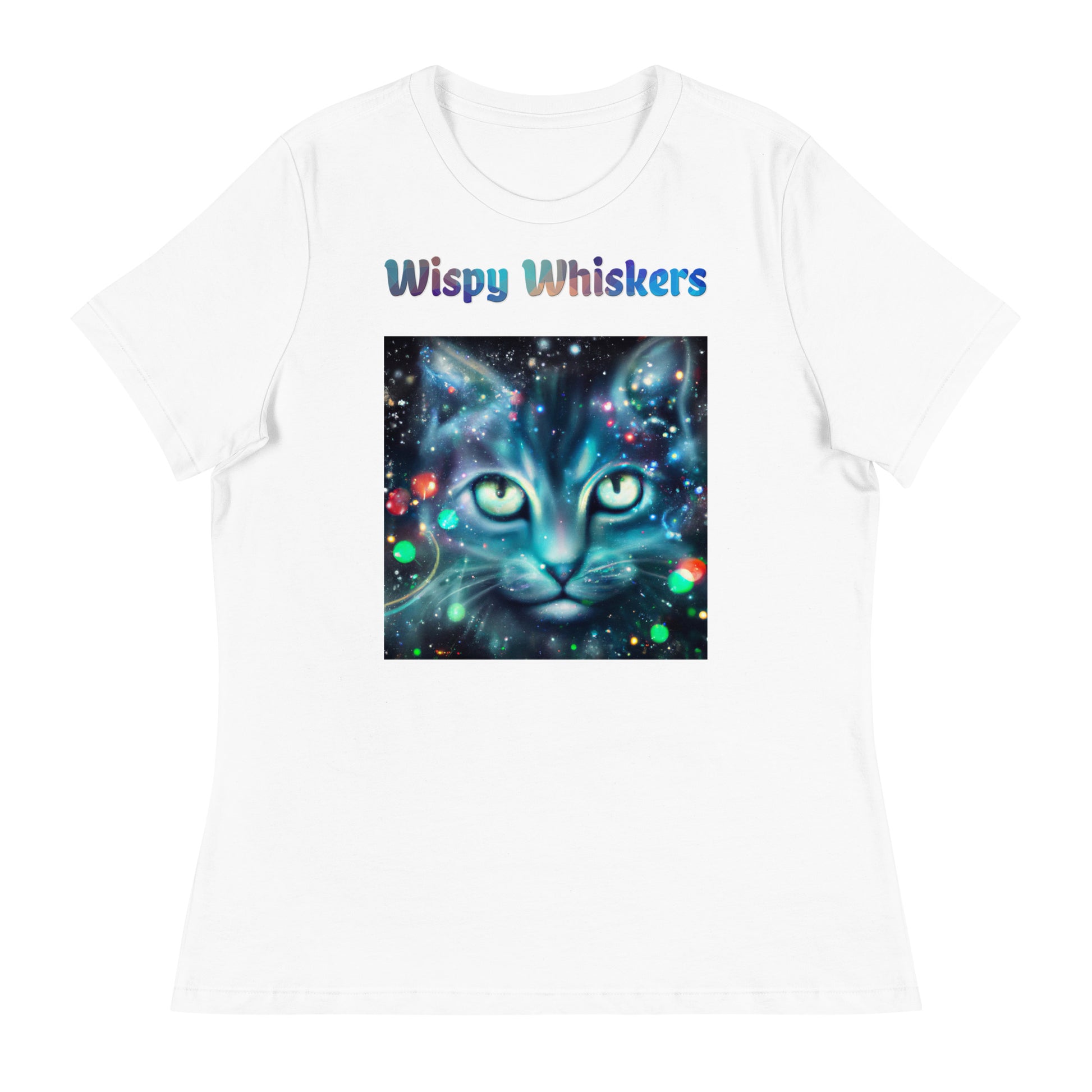 Women's White T-Shirt with Cosmic Cat with a text "Wispy Whiskers" at $25.97 found at Personalizedpetlovergifts