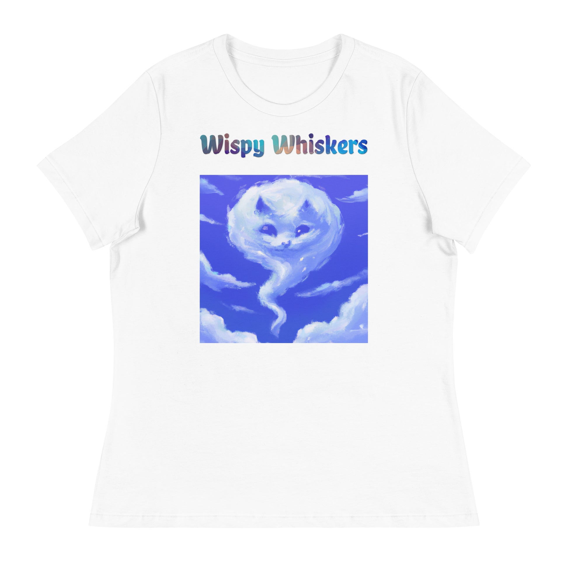 Women's White T-Shirt with Cloud With a Cat Face with a text "Wispy Whiskers" at $25.97 found at Personalizedpetlovergifts