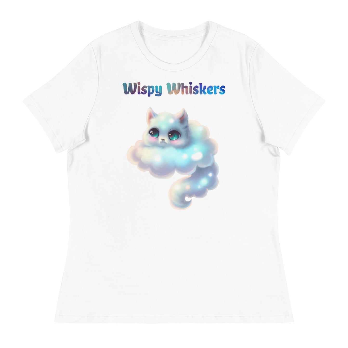 Women's White T-Shirt with Cloud Shaped Kitten with a text "Wispy Whiskers" at $25.97 found at Personalizedpetlovergifts