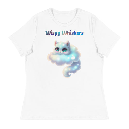 Women's White T-Shirt with Cloud Shaped Kitten with a text "Wispy Whiskers" at $25.97 found at Personalizedpetlovergifts