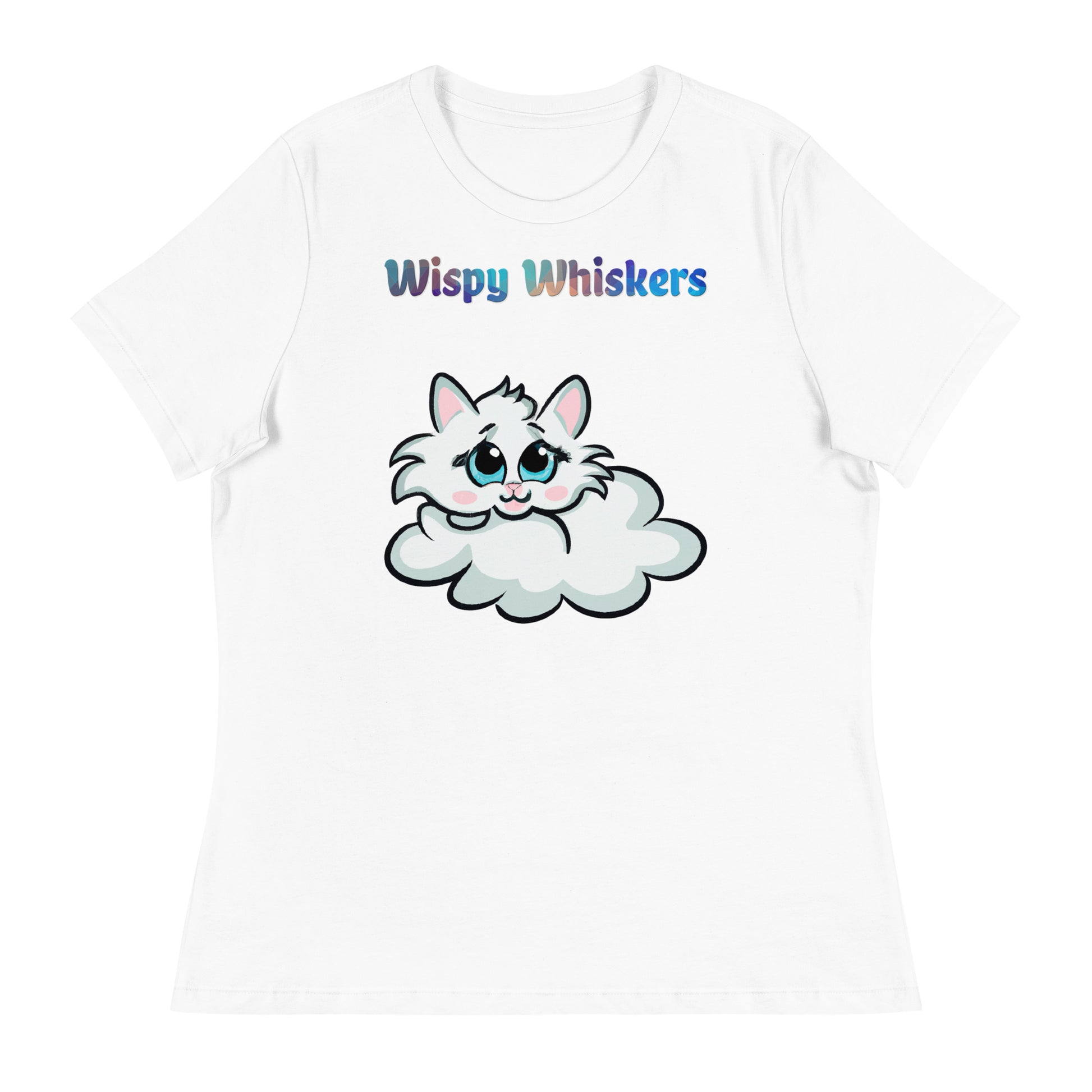 Women's White T-Shirt with Cloud Kitten with a text "Wispy Whiskers" at $25.97 found at Personalizedpetlovergifts