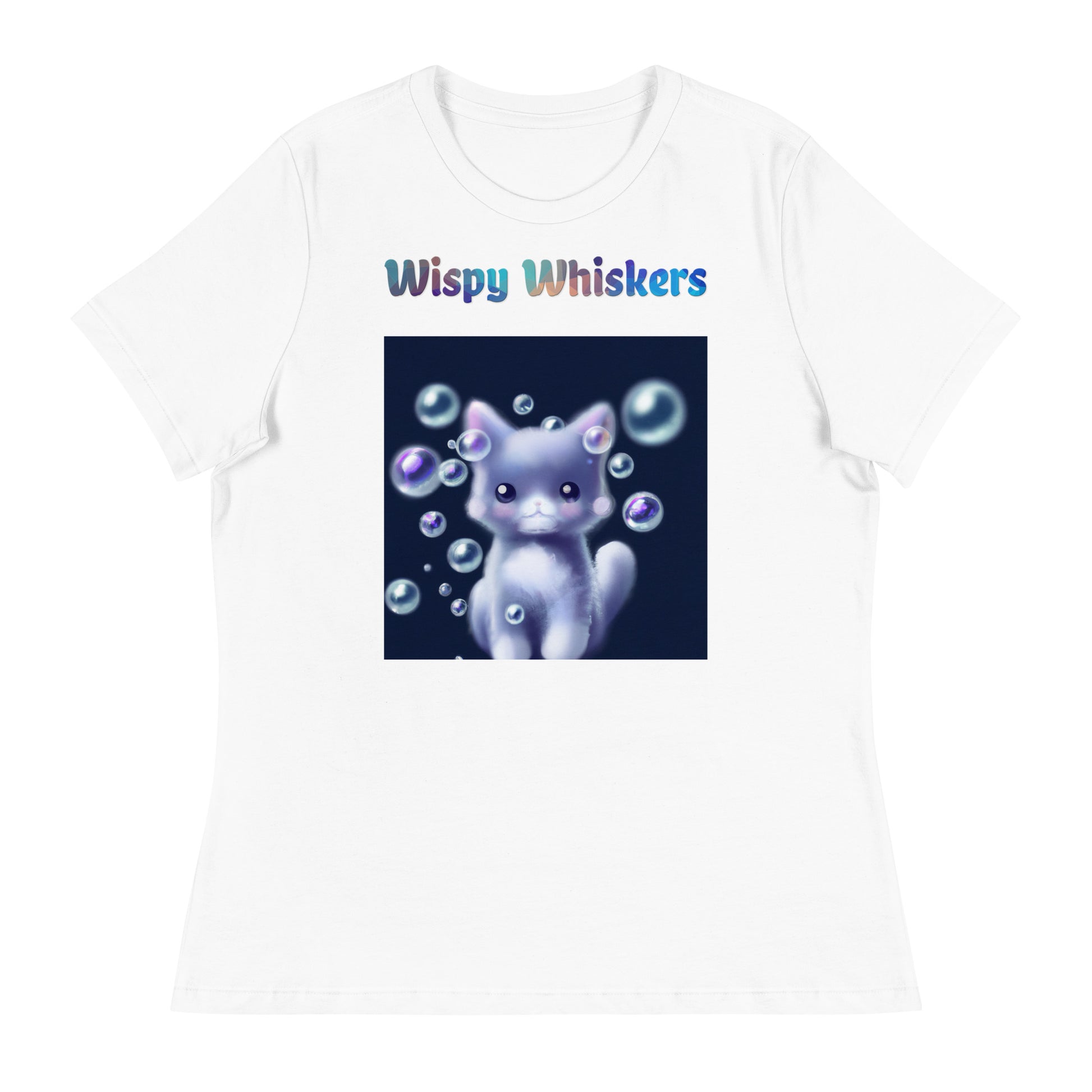 Women's White T-Shirt with Cat With Soap Bubbles with a text "Wispy Whiskers" at $25.97 found at Personalizedpetlovergifts