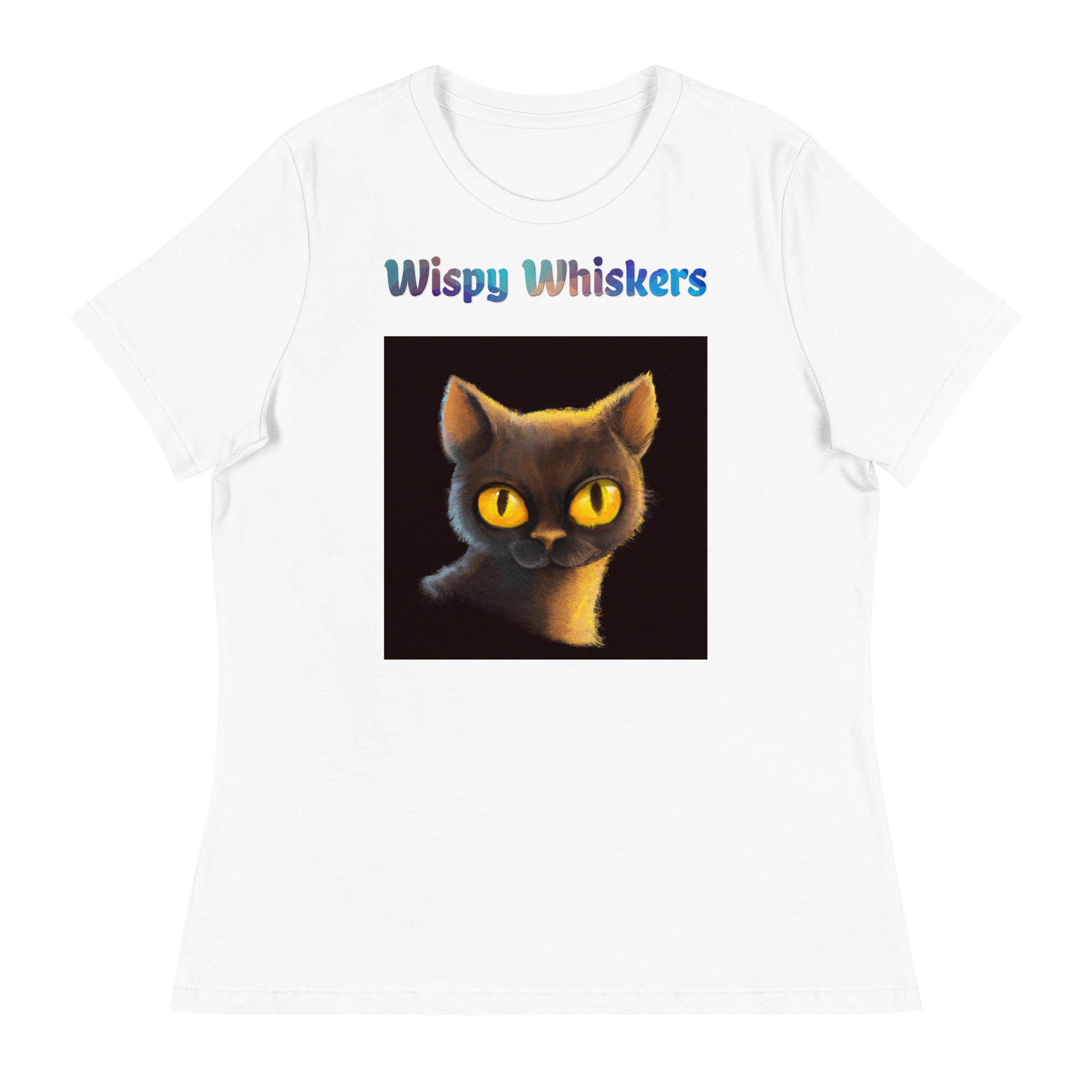 Women's White T-Shirt with Cat With Shiny Yellow Eyes with a text "Wispy Whiskers" at $25.97 found at Personalizedpetlovergifts