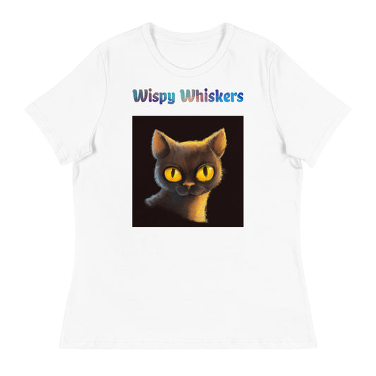 Women's White T-Shirt with Cat With Shiny Yellow Eyes with a text "Wispy Whiskers" at $25.97 found at Personalizedpetlovergifts