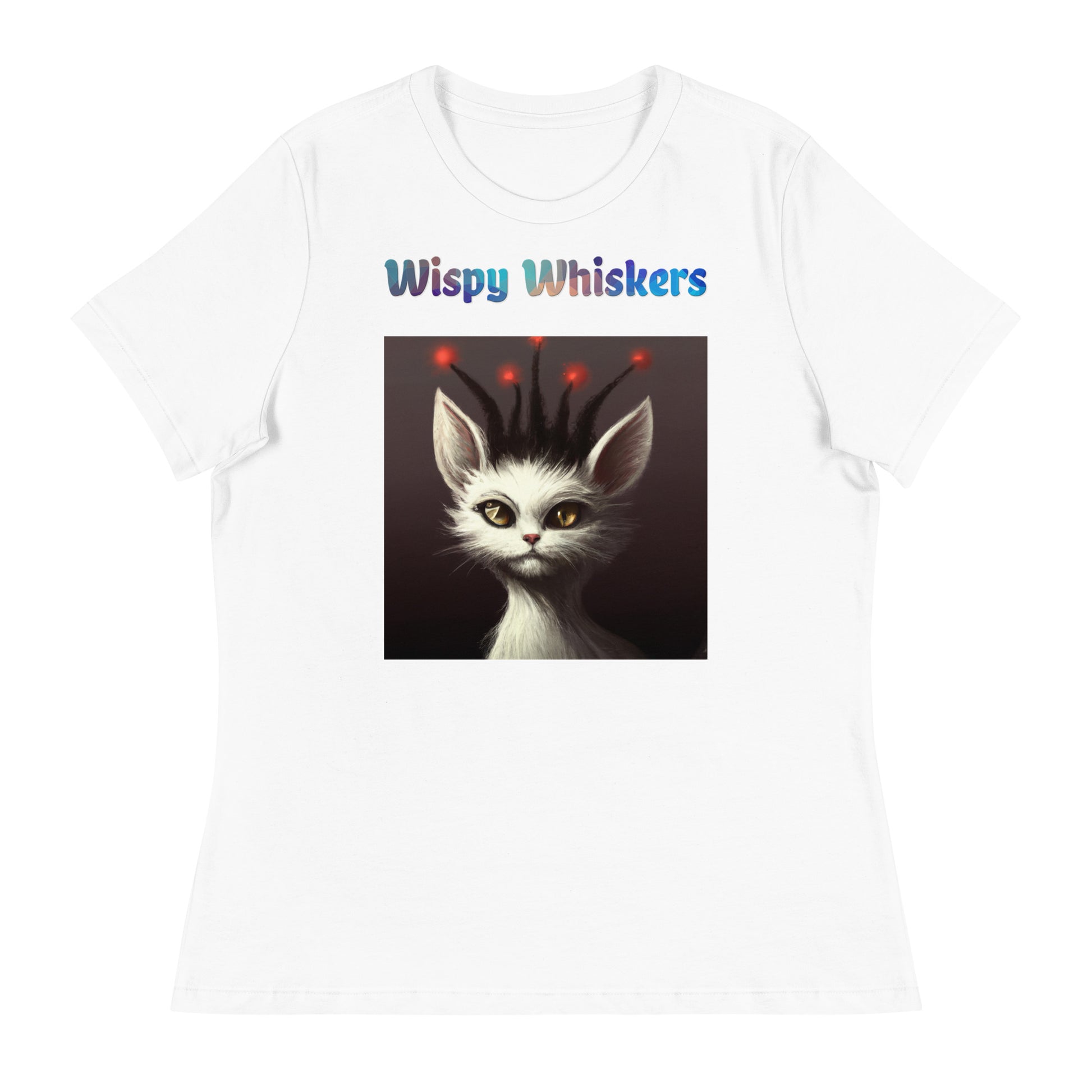 Women's White T-Shirt with Cat With Red Alien Spikes with a text "Wispy Whiskers" at $25.97 found at Personalizedpetlovergifts