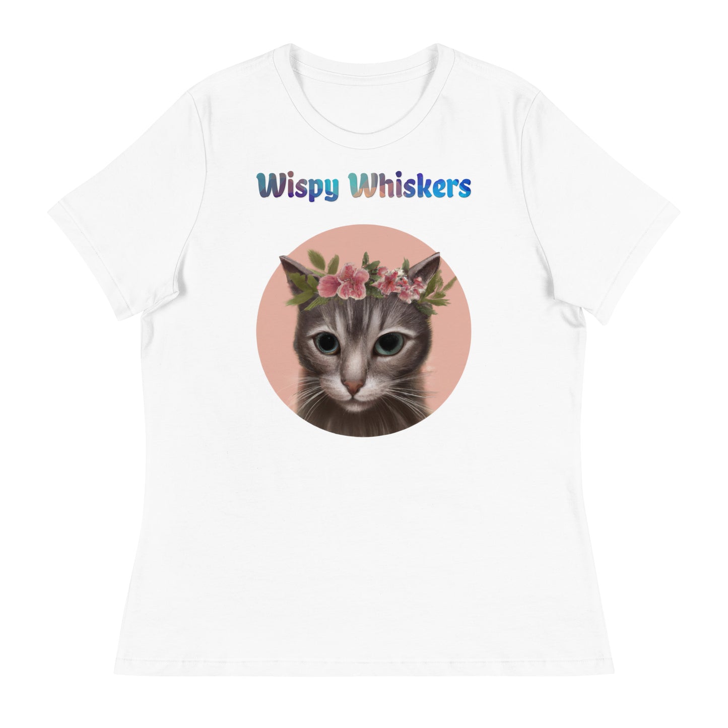 Women's White T-Shirt with Cat With Pink Floral Headpiece with a text "Wispy Whiskers" at $25.97 found at Personalizedpetlovergifts