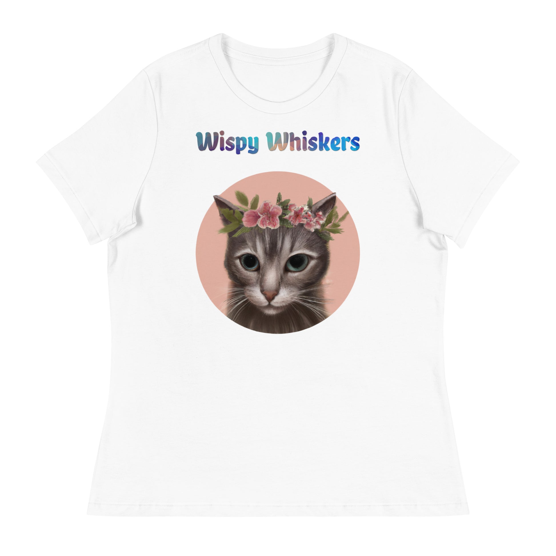 Women's White T-Shirt with Cat With Pink Floral Headpiece with a text "Wispy Whiskers" at $25.97 found at Personalizedpetlovergifts