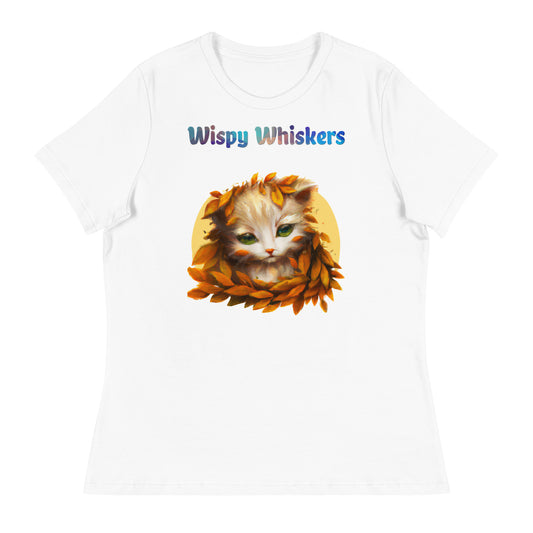 Women's White T-Shirt with Cat With Orange Leaves with a text "Wispy Whiskers" at $25.97 found at Personalizedpetlovergifts