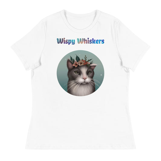 Women's White T-Shirt with Cat With Flowers with a text "Wispy Whiskers" at $25.97 found at Personalizedpetlovergifts