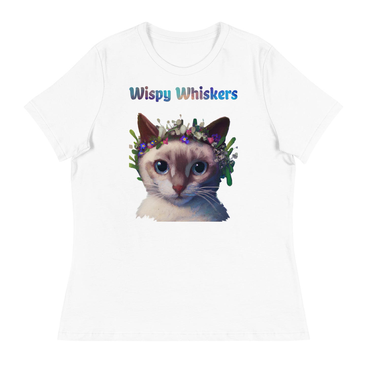 Women's White T-Shirt with Cat With Flowers On Head with a text "Wispy Whiskers" at $25.97 found at Personalizedpetlovergifts