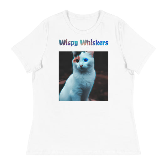 Women's White T-Shirt with Cat With Colorful Eyes with a text "Wispy Whiskers" at $25.97 found at Personalizedpetlovergifts