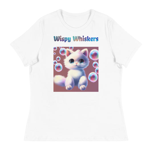 Women's White T-Shirt with Cat With Bubbles with a text "Wispy Whiskers" at $25.97 found at Personalizedpetlovergifts