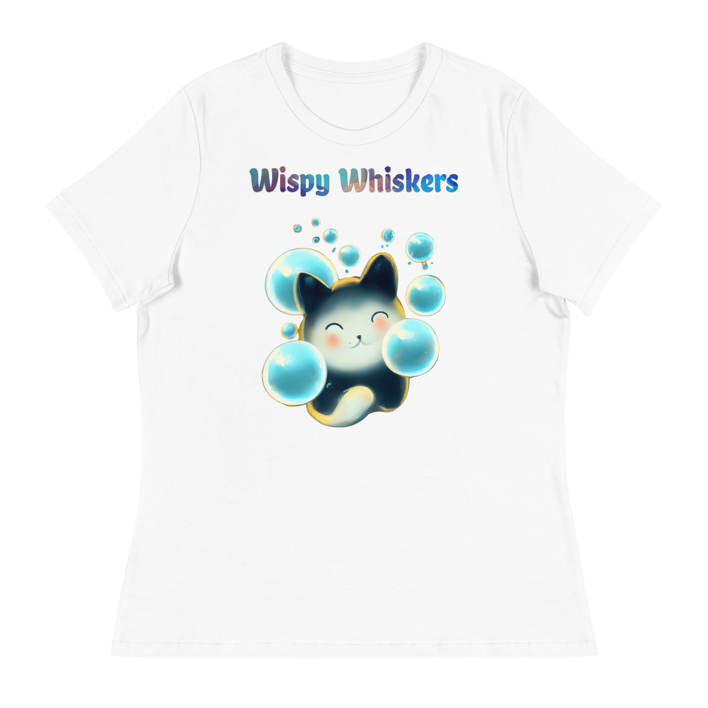 Women's White T-Shirt with Cat With Blue Bubbles with a text "Wispy Whiskers" at $25.97 found at Personalizedpetlovergifts