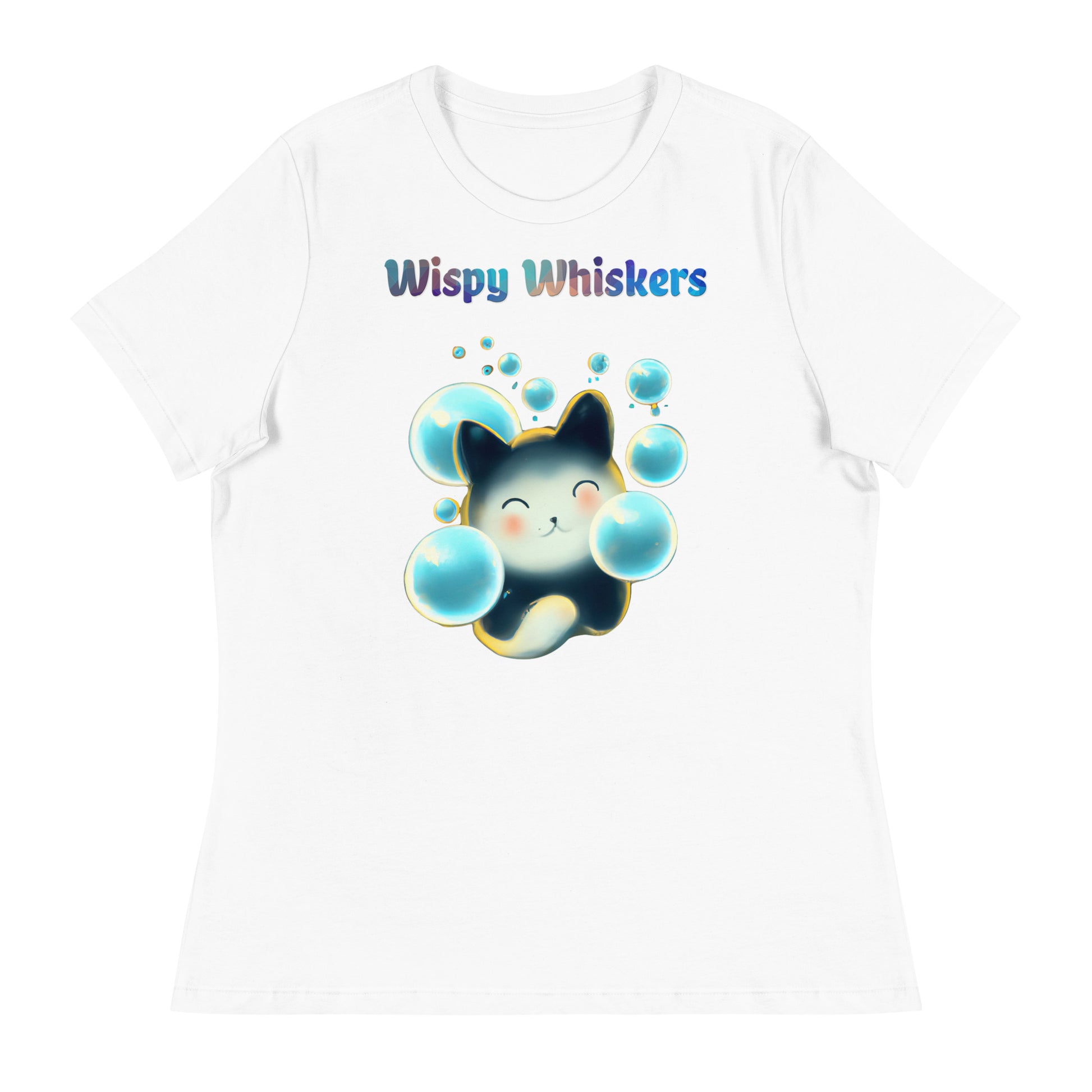 Women's White T-Shirt with Cat With Blue Bubbles with a text "Wispy Whiskers" at $25.97 found at Personalizedpetlovergifts