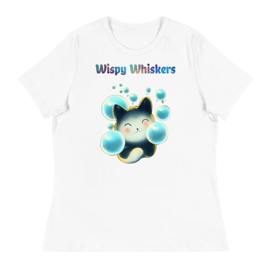 Women's White T-Shirt with Cat With Blue Bubbles with a text "Wispy Whiskers" at $25.97 found at Personalizedpetlovergifts