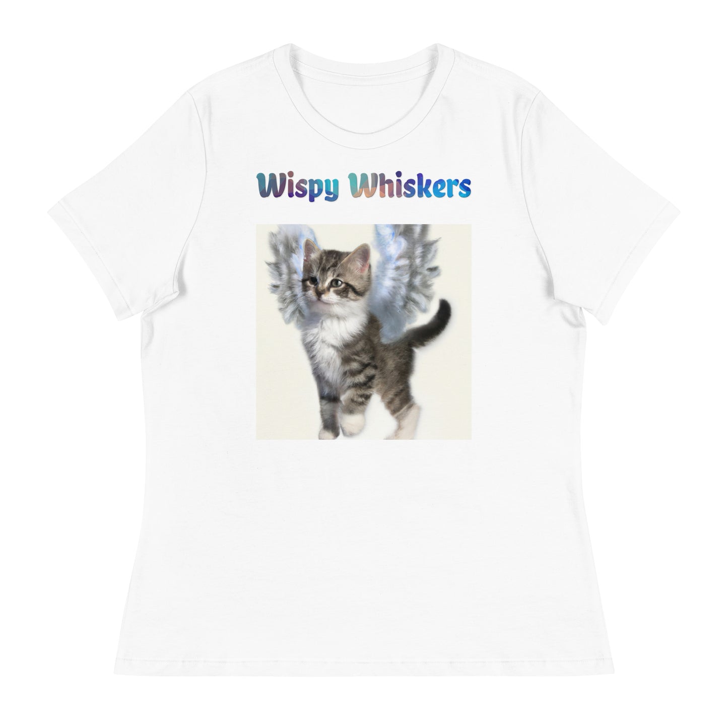 Women's White T-Shirt with Cat With Beautiful Angel Wings with a text "Wispy Whiskers" at $25.97 found at Personalizedpetlovergifts