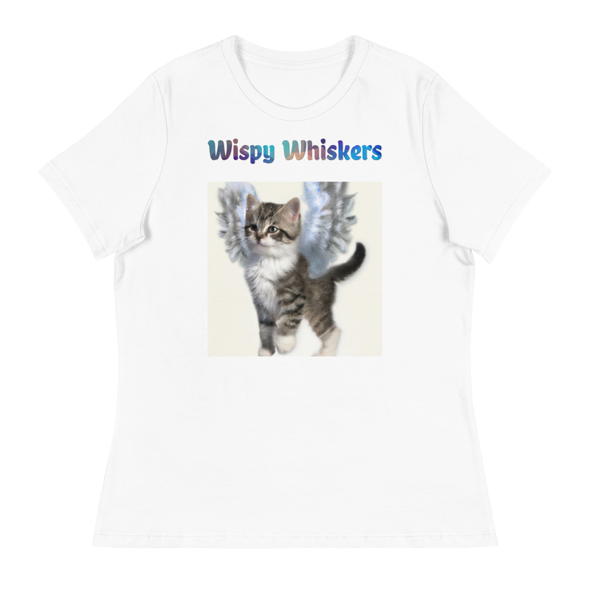 Women's White T-Shirt with Cat With Beautiful Angel Wings with a text "Wispy Whiskers" at $25.97 found at Personalizedpetlovergifts