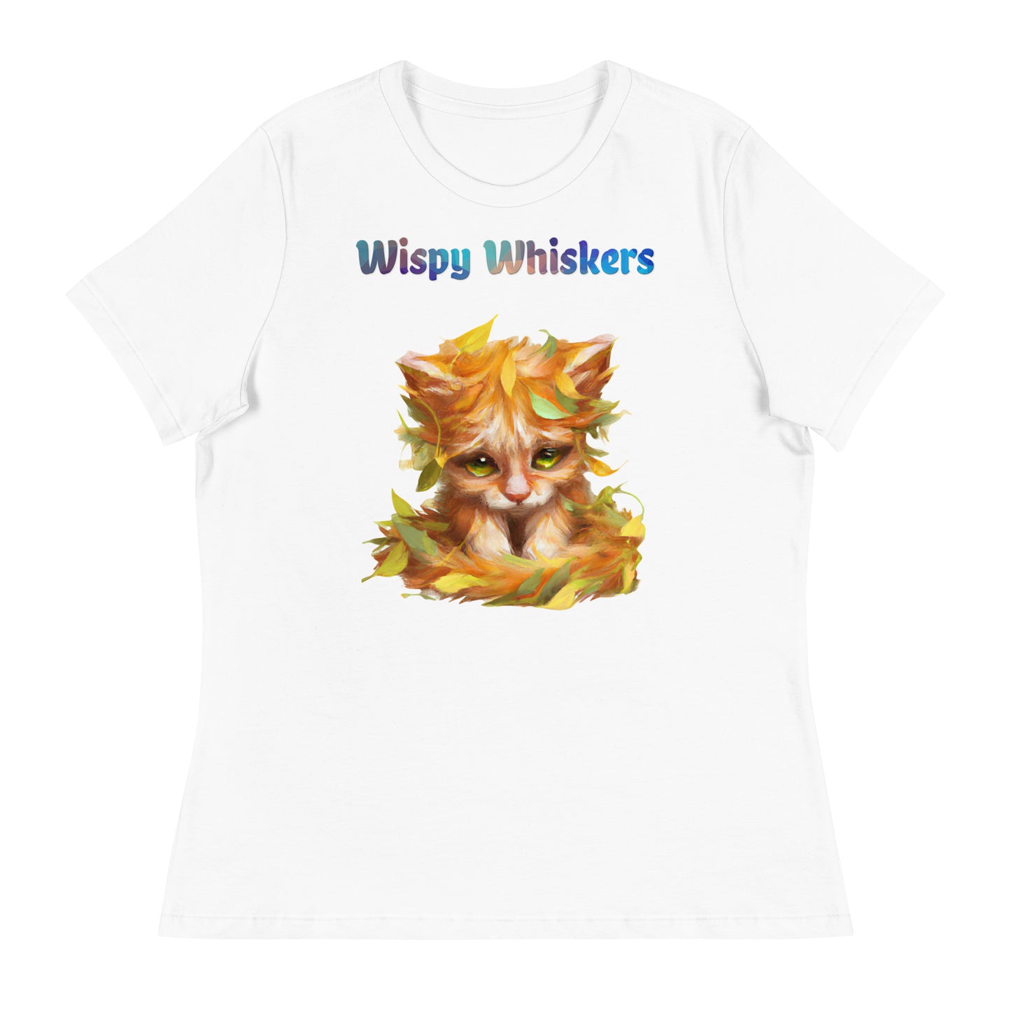 Women's White T-Shirt with Cat With Autumn Leaves with a text "Wispy Whiskers" at $25.97 found at Personalizedpetlovergifts