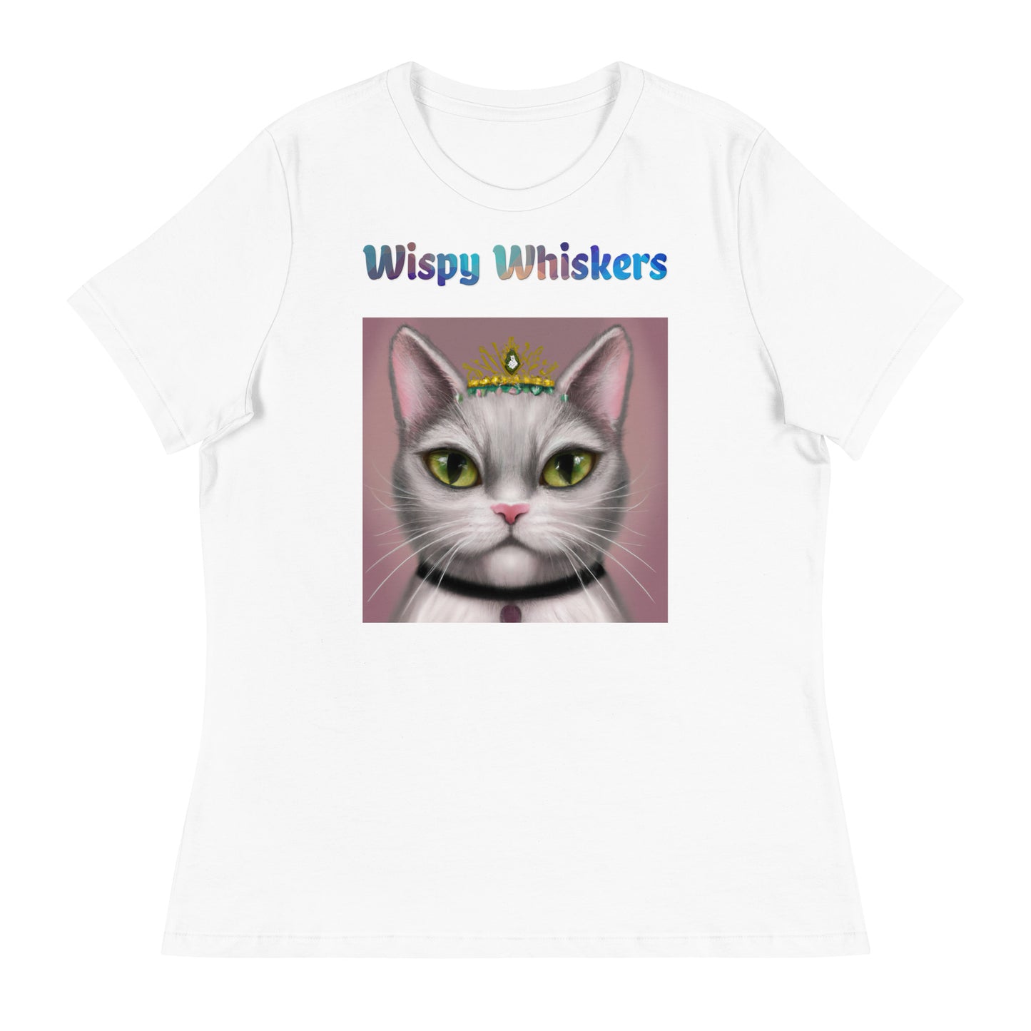 Women's White T-Shirt with Cat With a Tiara with a text "Wispy Whiskers" at $25.97 found at Personalizedpetlovergifts