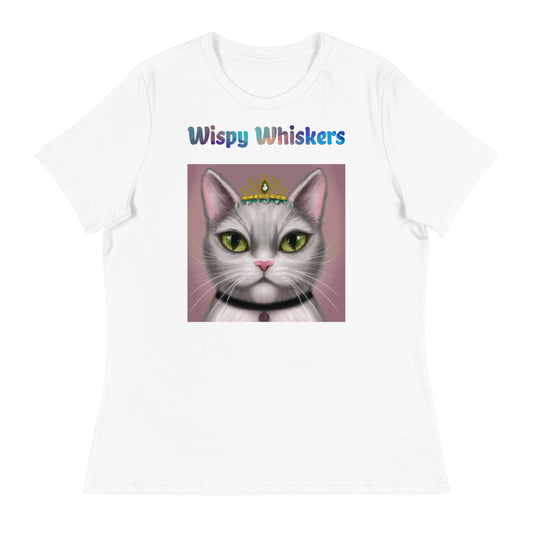 Women's White T-Shirt with Cat With a Tiara with a text "Wispy Whiskers" at $25.97 found at Personalizedpetlovergifts