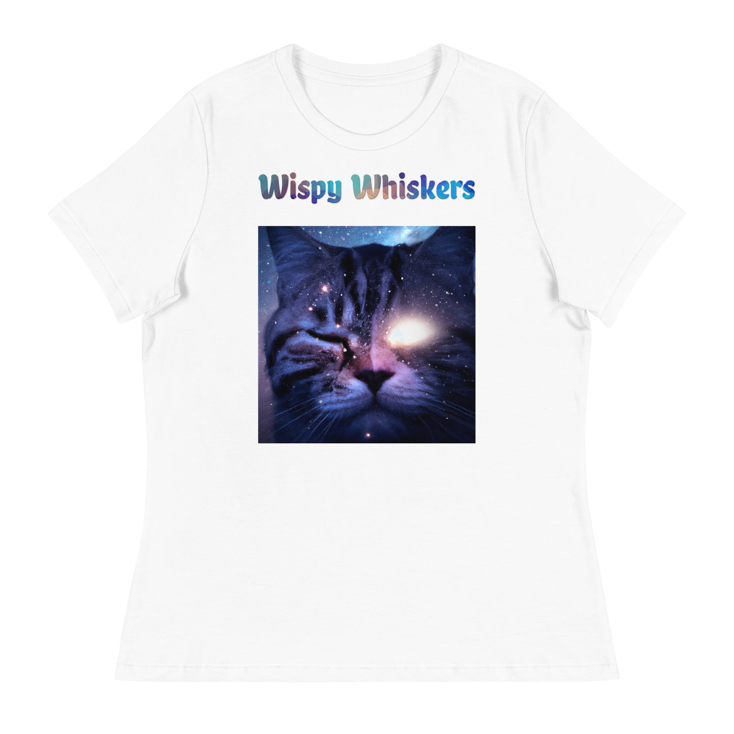 Women's White T-Shirt with Cat With a Shiny Eye with a text "Wispy Whiskers" at $25.97 found at Personalizedpetlovergifts