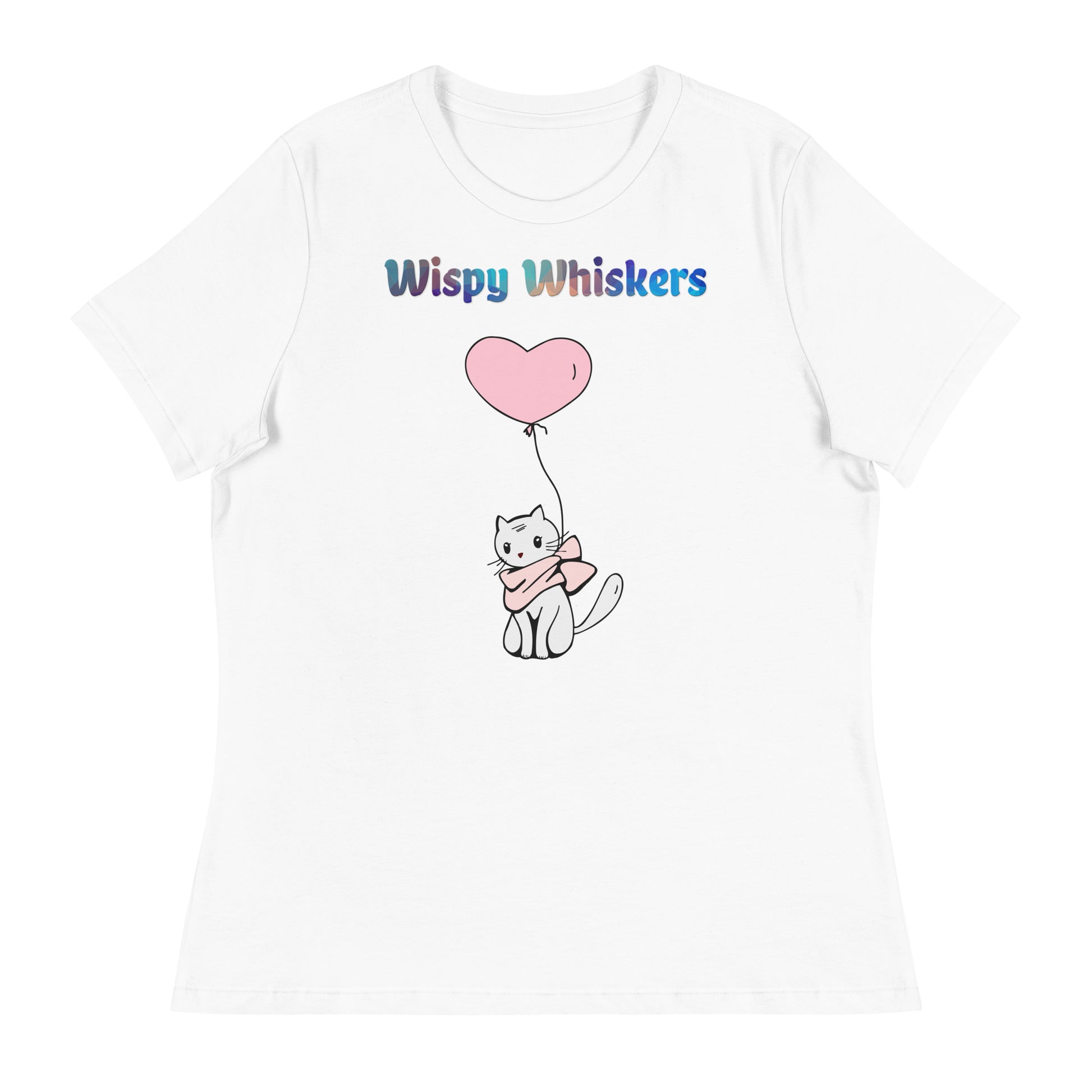 Women's White T-Shirt with Cat With a Pink Heart Balloon with a text "Wispy Whiskers" at $25.97 found at Personalizedpetlovergifts