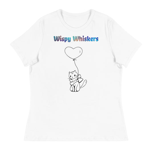 Women's White T-Shirt with Cat With a Heart Balloon with a text "Wispy Whiskers" at $25.97 found at Personalizedpetlovergifts