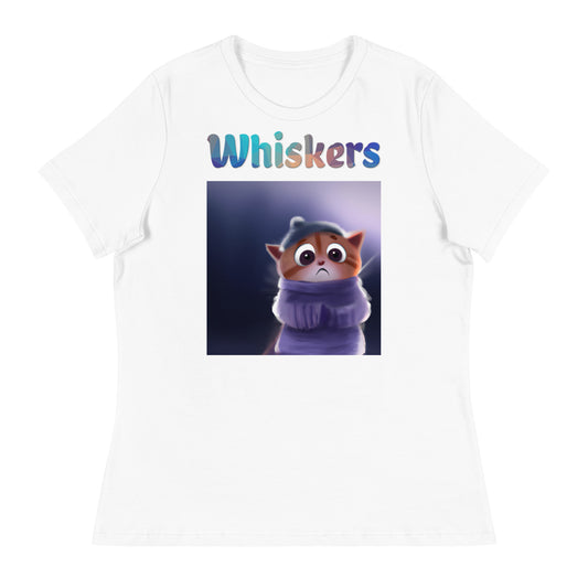 Women's White T-Shirt with Cozy Kitten with a text "Whiskers" at $25.97 found at Personalizedpetlovergifts