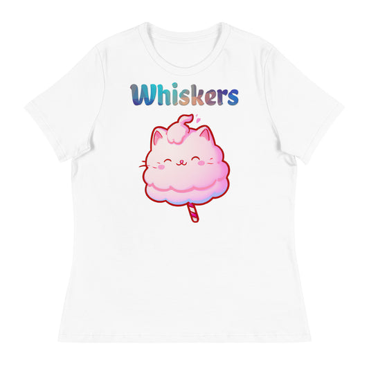 Women's White T-Shirt with Cotton Candy Cat with a text "Whiskers" at $25.97 found at Personalizedpetlovergifts