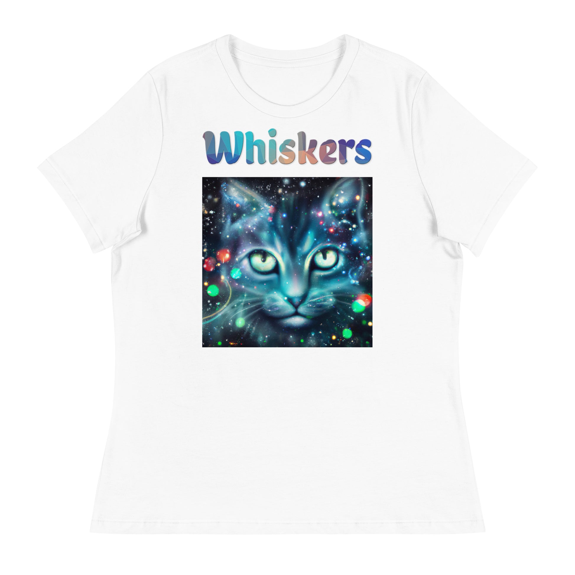 Women's White T-Shirt with Cosmic Cat with a text "Whiskers" at $25.97 found at Personalizedpetlovergifts