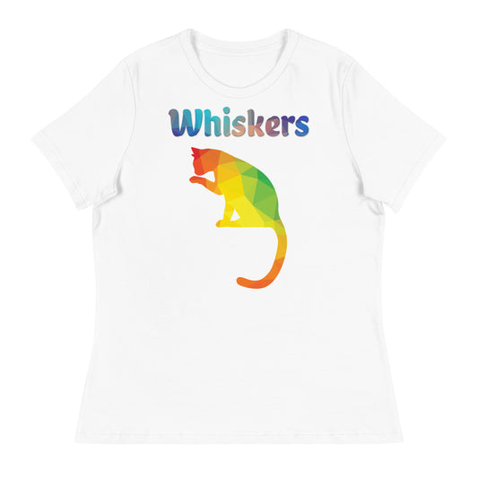 Women's White T-Shirt with Colorful Cat Silhouette with a text "Whiskers" at $25.97 found at Personalizedpetlovergifts