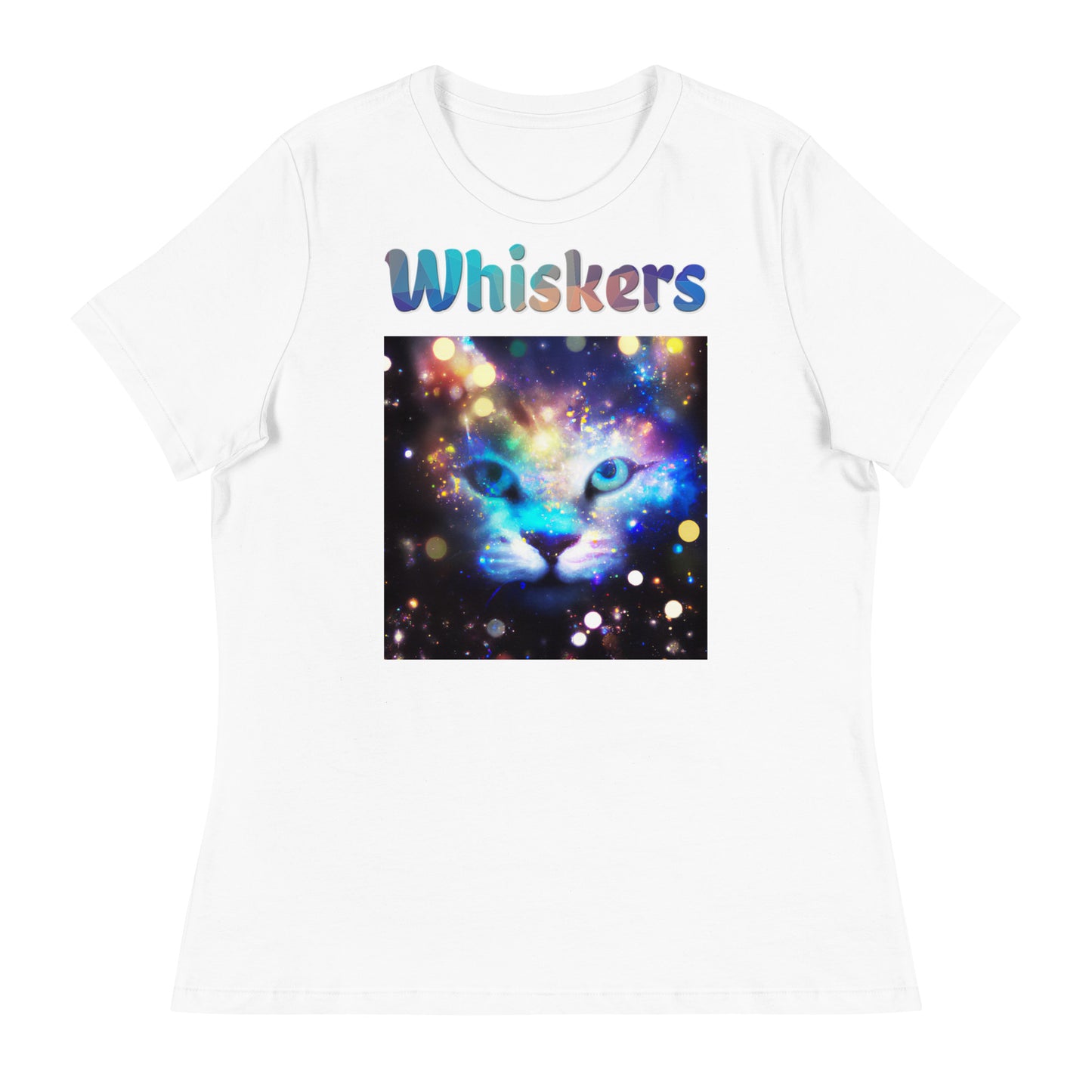 Women's White T-Shirt with Colorful Cat Photo with a text "Whiskers" at $25.97 found at Personalizedpetlovergifts