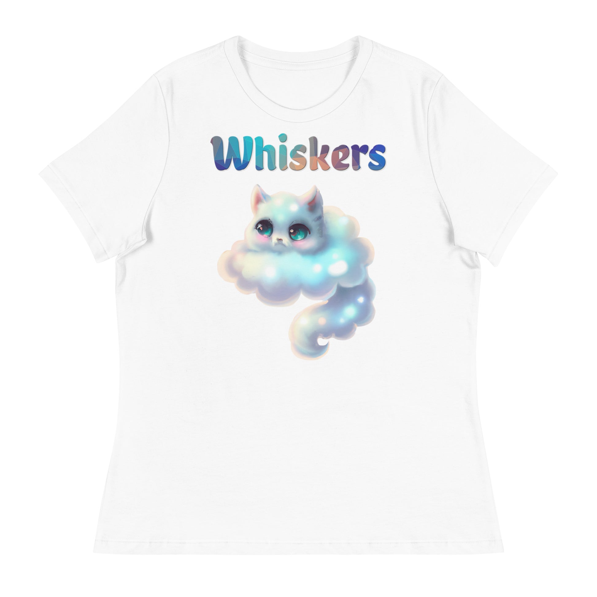 Women's White T-Shirt with Cloud Shaped Kitten with a text "Whiskers" at $25.97 found at Personalizedpetlovergifts