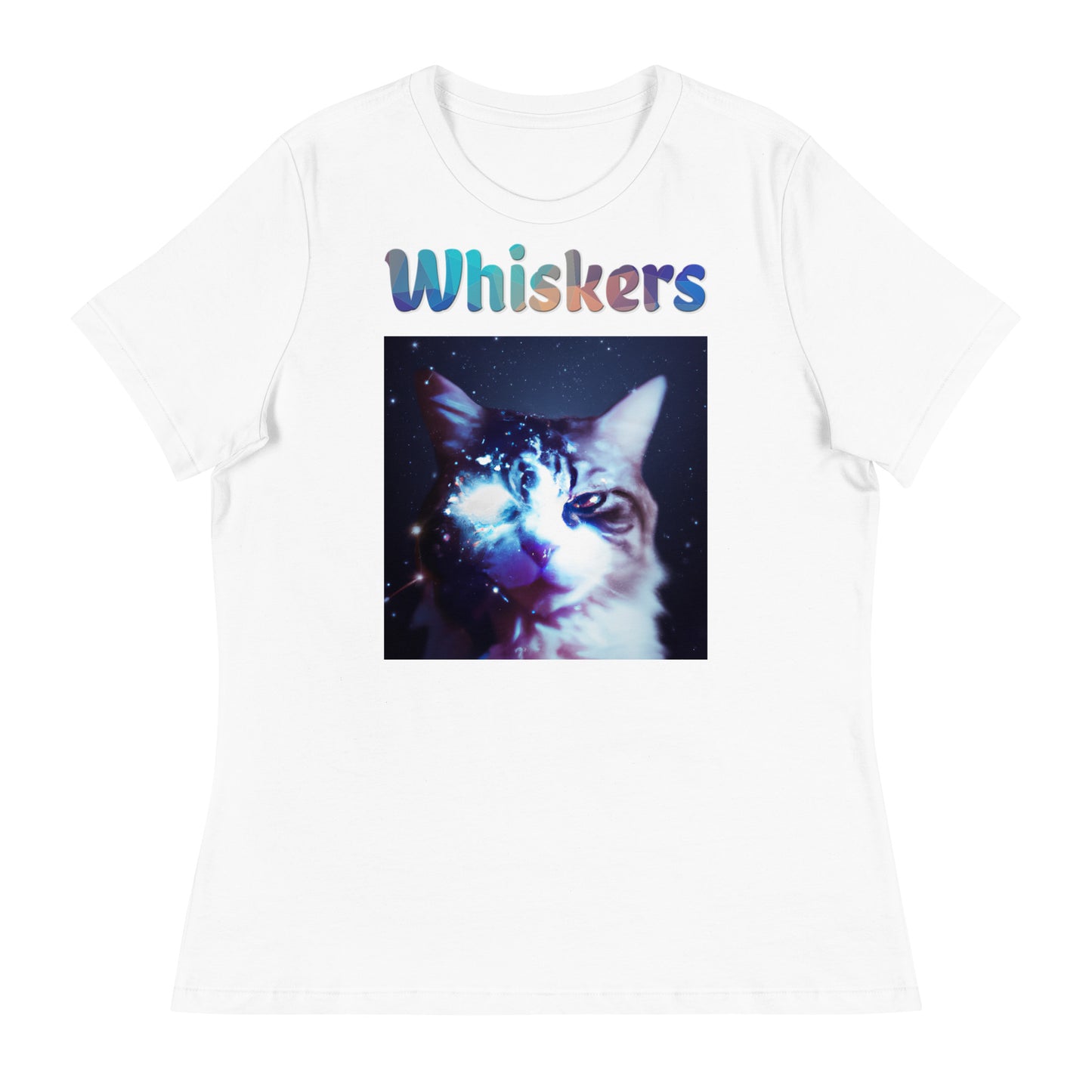 Women's White T-Shirt with Cat With Space Eye with a text "Whiskers" at $25.97 found at Personalizedpetlovergifts