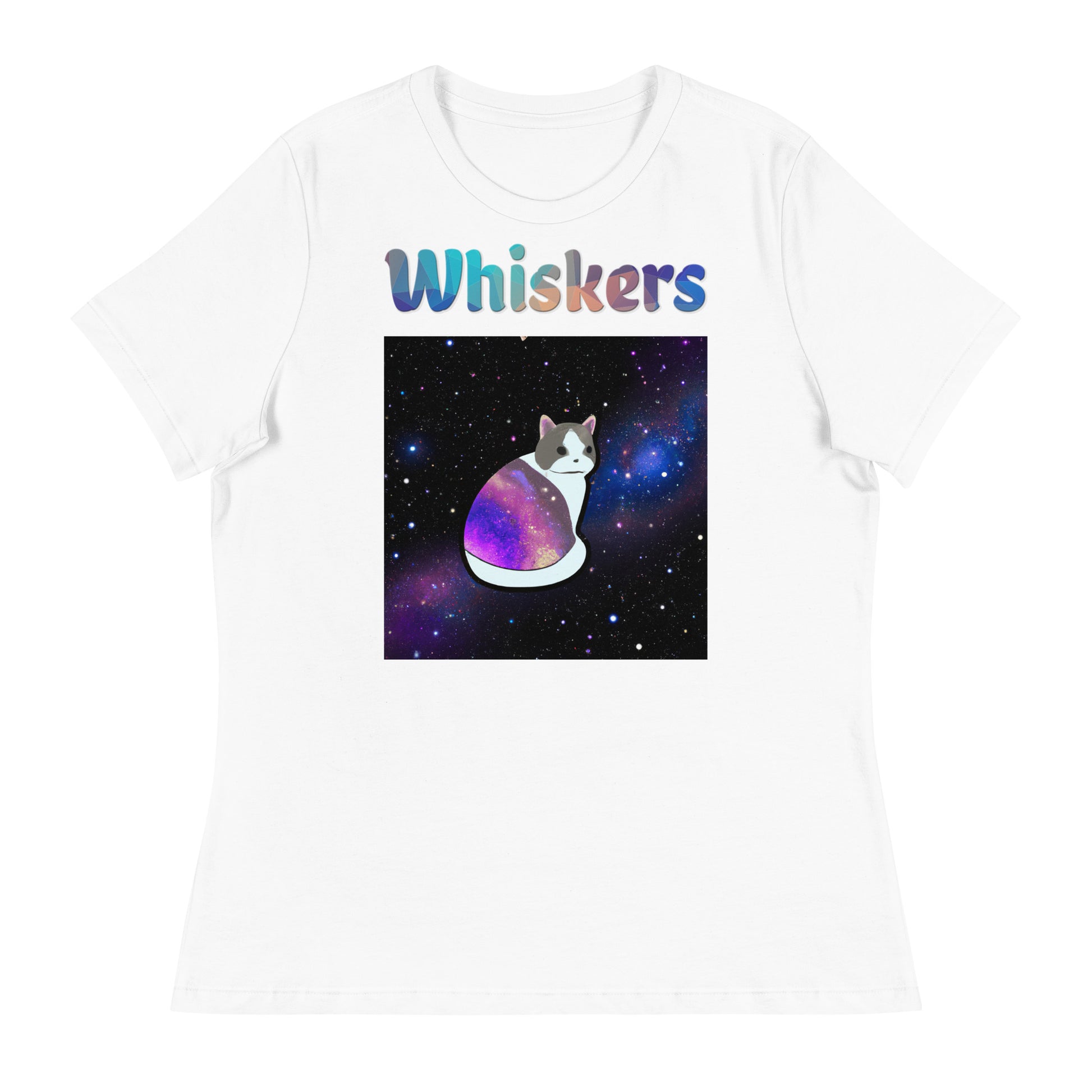 Women's White T-Shirt with Cat With Space Clothes with a text "Whiskers" at $25.97 found at Personalizedpetlovergifts