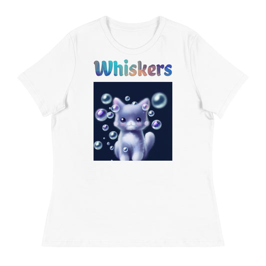 Women's White T-Shirt with Cat With Soap Bubbles with a text "Whiskers" at $25.97 found at Personalizedpetlovergifts